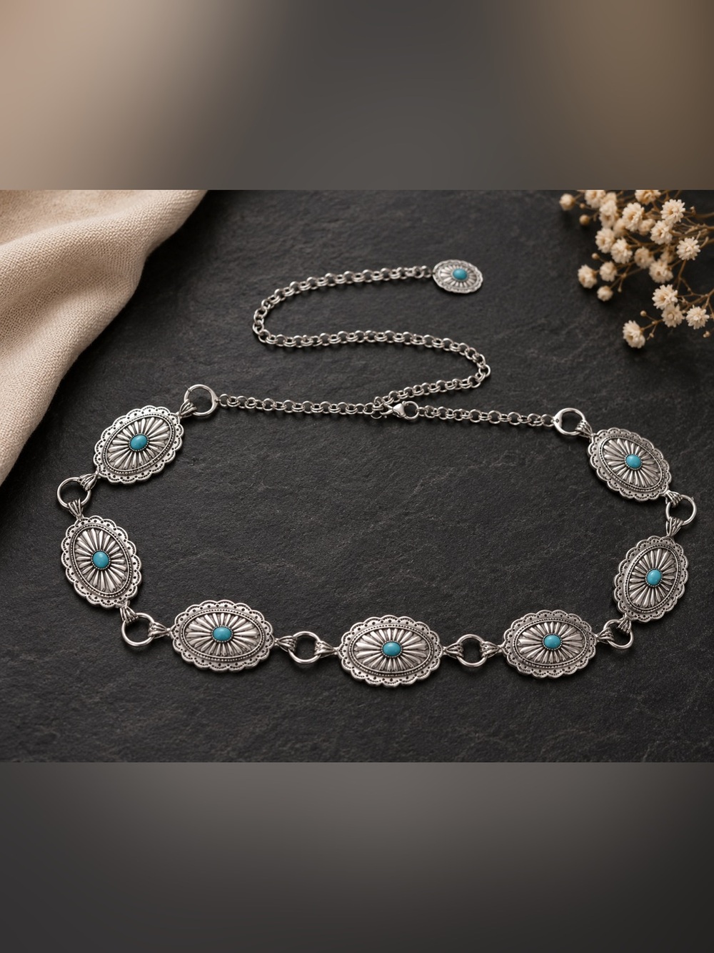 Vintage Style Western Concho Chain Belt Silver Tone Turquoise 118cm - Picture 3 of 4